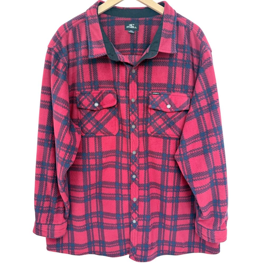 O'Neill Fleece Jacket Mens XXL Red Black Plaid Snap Front Sherpa Shirt Jacket